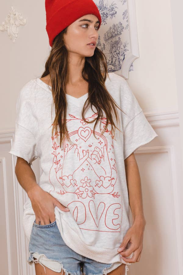 T1277-1 Love Graphic French Terry Loose Fit T-shirt: ASH GREY / S-M-L (2-2-2)
