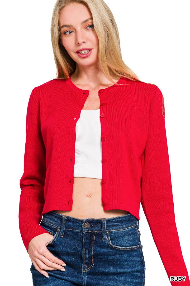 7 Button Crewneck Long Sleeve Cardigan: IVORY / 2-2-2 (S-M-L)
