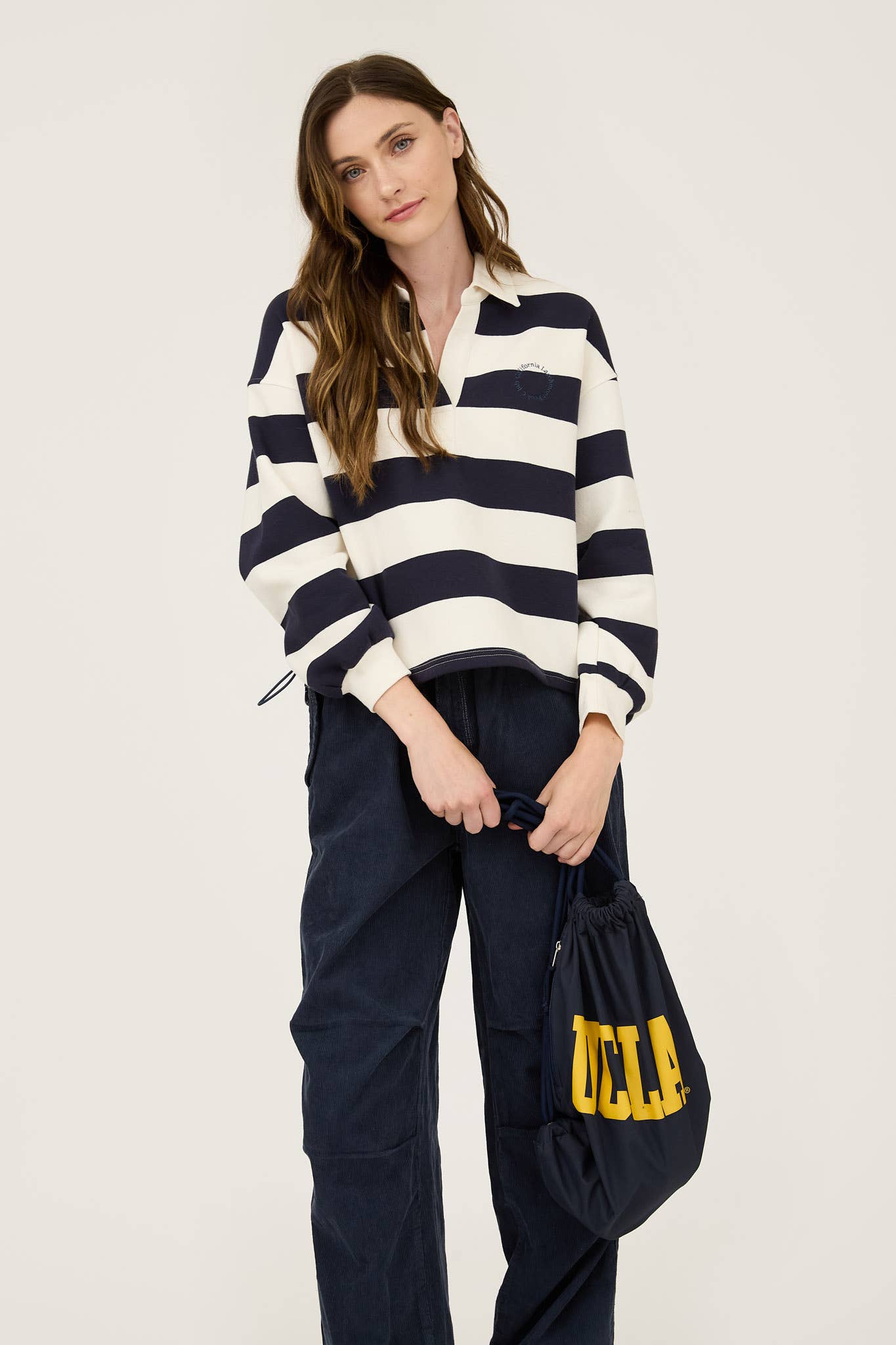 STRIPE COLLARED LONG SLEEVE POLO KNIT TOP: OXBLOOD