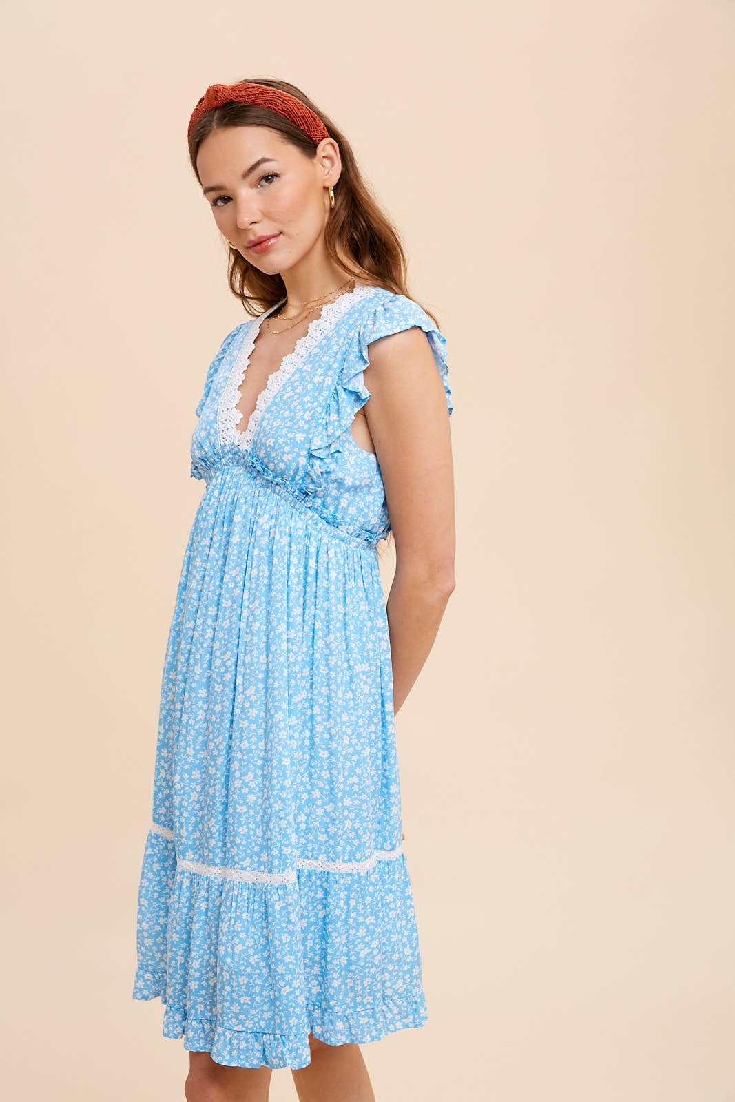 FLORAL RUFFLED LACE TRIM DRESS: CORNFLOWER / L