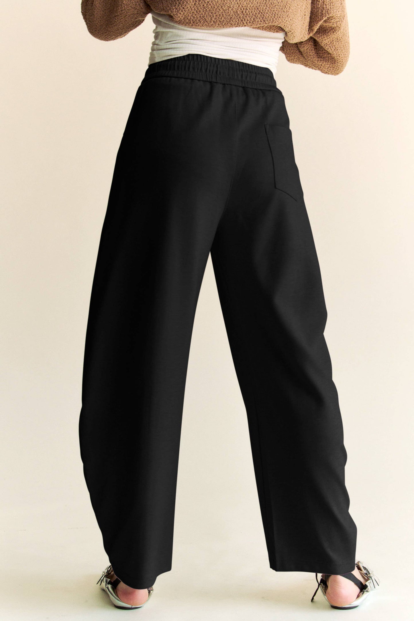 SOLID ELASTIC WAISTBAND POCKETS LONG BARREL PANTS: Khaki / S