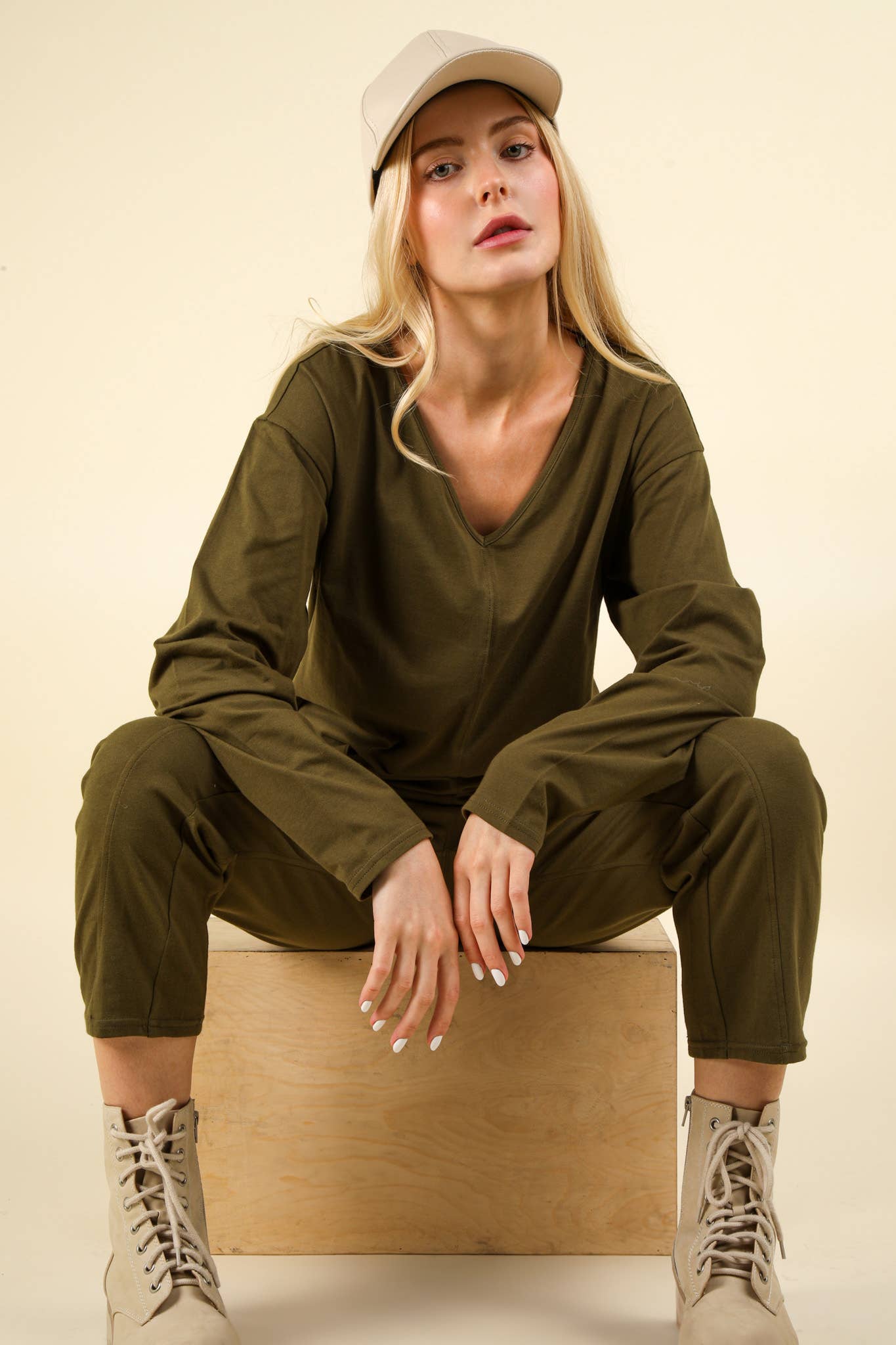 NP70679X-PLUS SIZE Solid Knit Baggy Comfy Jumpsuit: OLIVE / 1XL-2XL-3XL/3-2-1