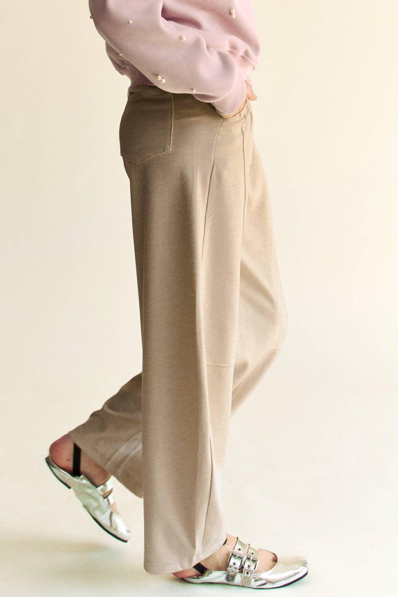 SOLID ELASTIC WAISTBAND POCKETS LONG BARREL PANTS: Khaki / S