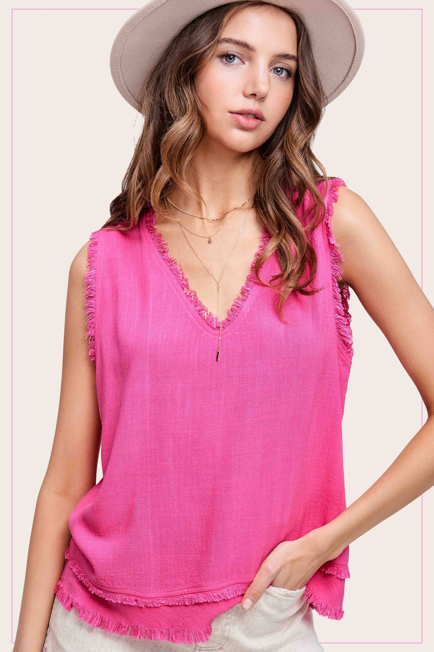 HBT7635-Soft Washed Gauze Cut Edge Sleeveless V-neck Top: Candy / M