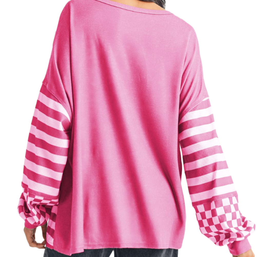 Checkerboard Striped Patchwork Lantern Sleeve Blouse: Rose Red
