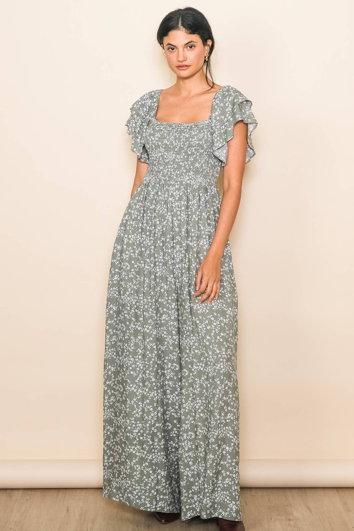 Flutter Sleeve Extra Wide Leg Jumpsuit: Sage / L