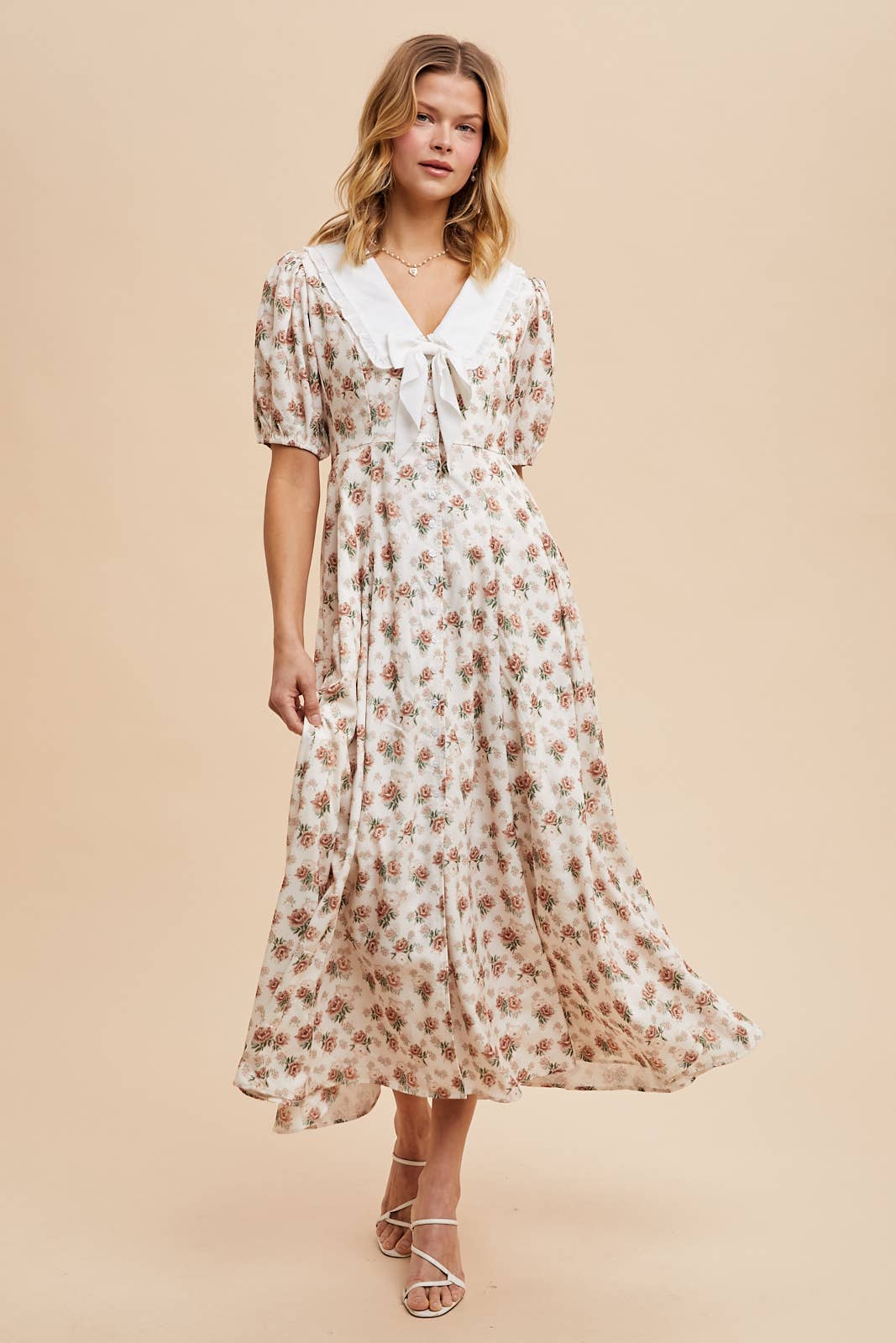 DOLL COLLAR BUTTON DOWN FLORAL DRESS: VINTAGE ROSE / S
