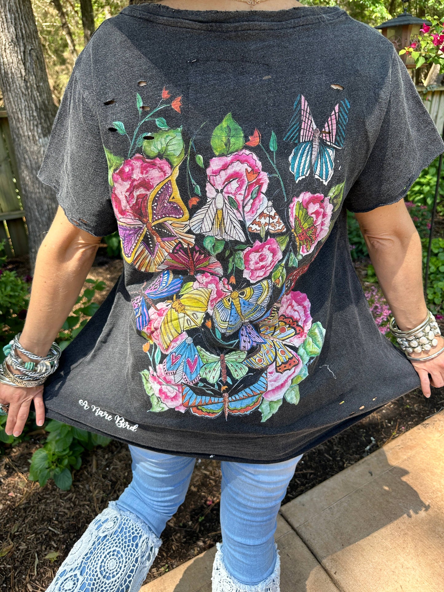 Dragonflies and Butterflies Black Tattered Tee: Sm