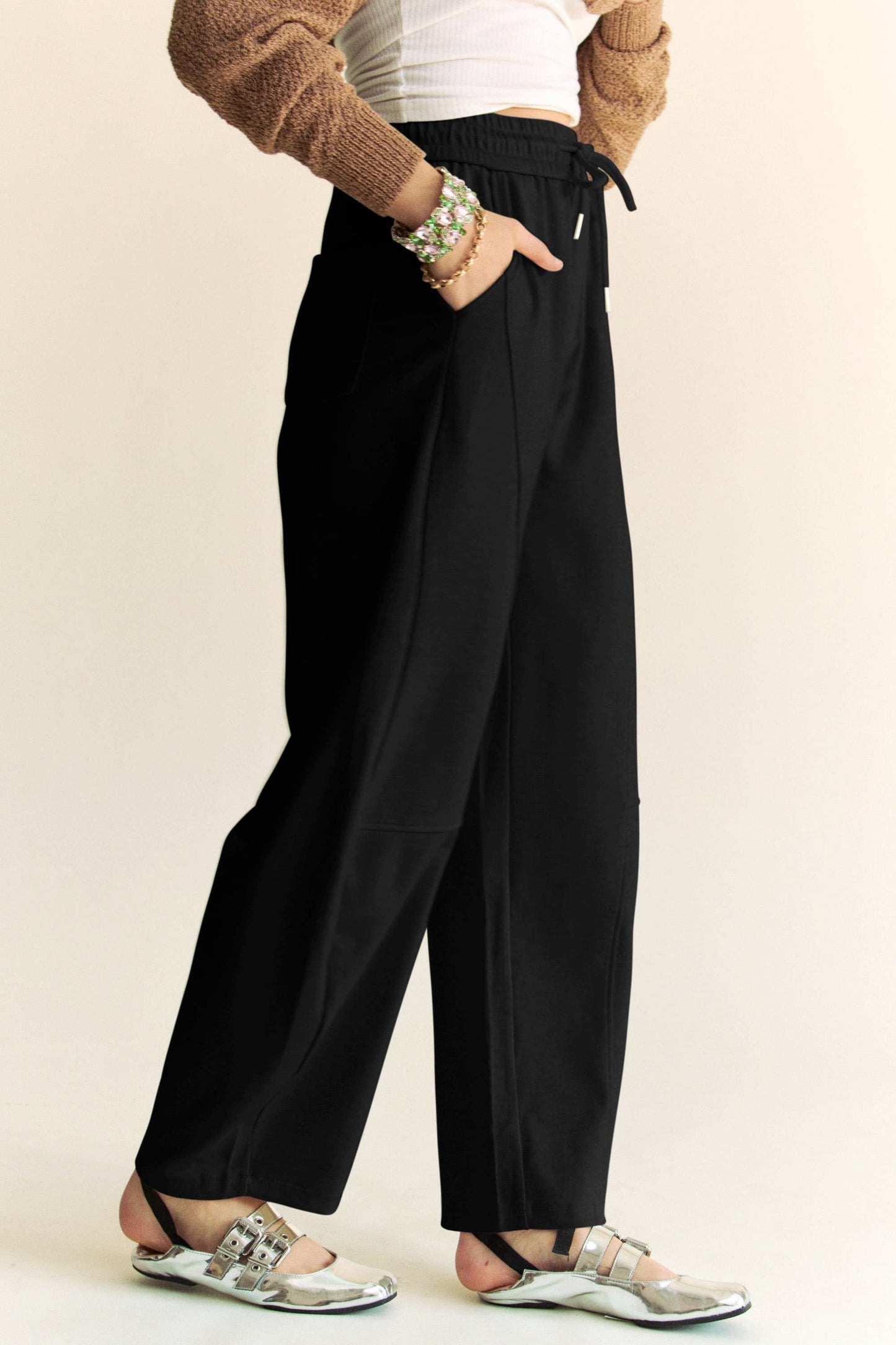 SOLID ELASTIC WAISTBAND POCKETS LONG BARREL PANTS: Khaki / S