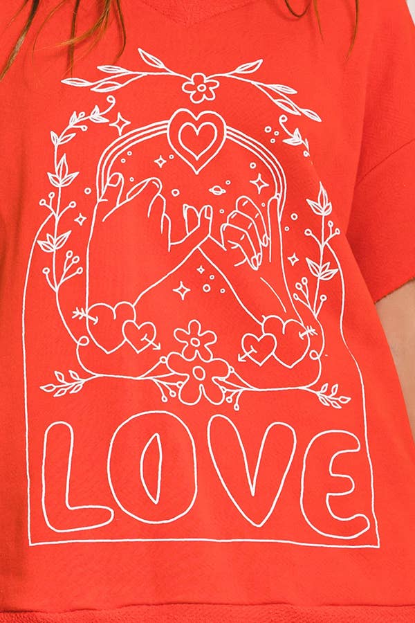 T1277-1 Love Graphic French Terry Loose Fit T-shirt: ASH GREY / S-M-L (2-2-2)