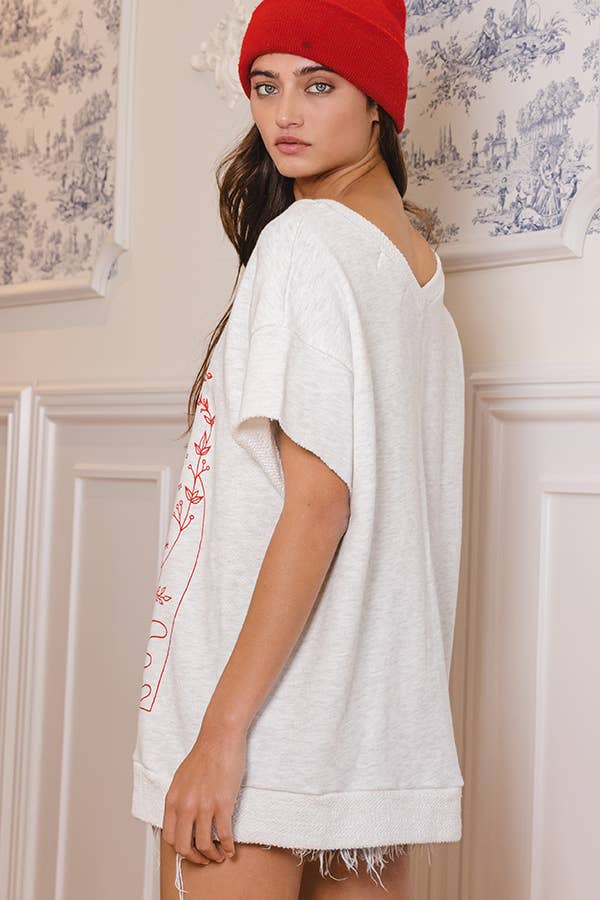 T1277-1 Love Graphic French Terry Loose Fit T-shirt: ASH GREY / S-M-L (2-2-2)