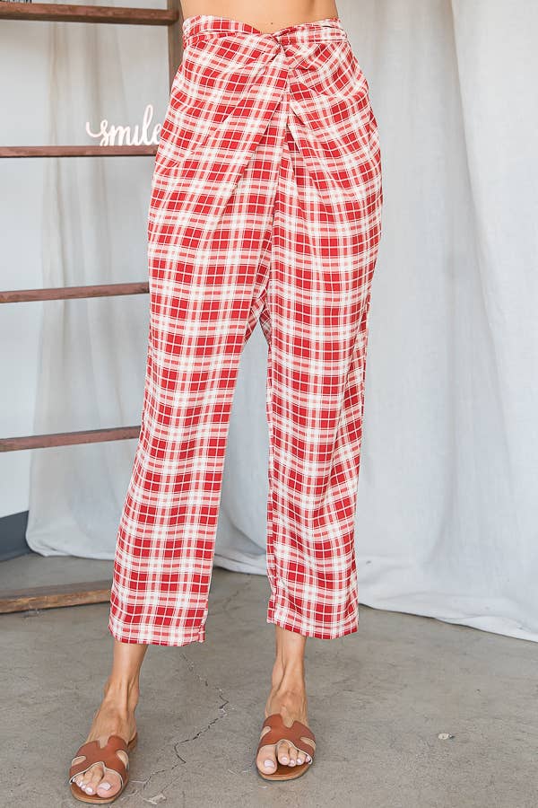 Plaid Print Twist Pull On Waist Pants: IVORY/RED