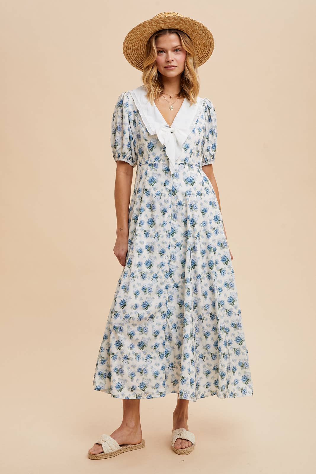 DOLL COLLAR BUTTON DOWN FLORAL DRESS: VINTAGE ROSE / M