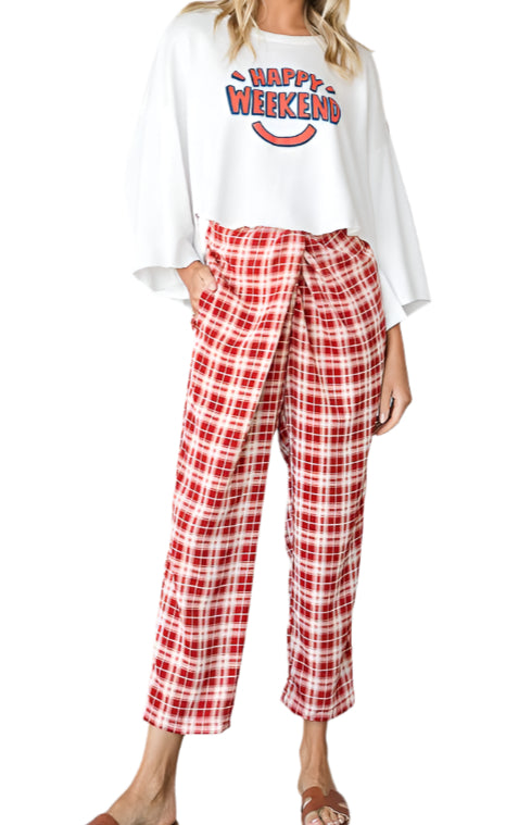 Plaid Print Twist Pull On Waist Pants: IVORY/RED