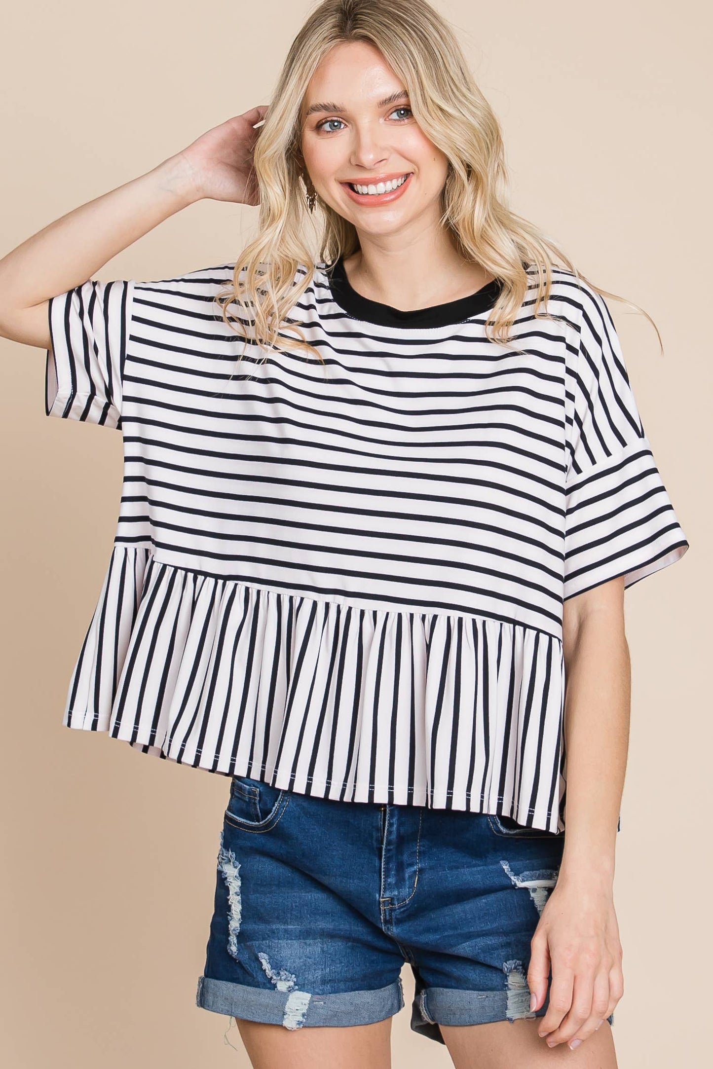 Striped Babydoll Short Sleeve Top: Black