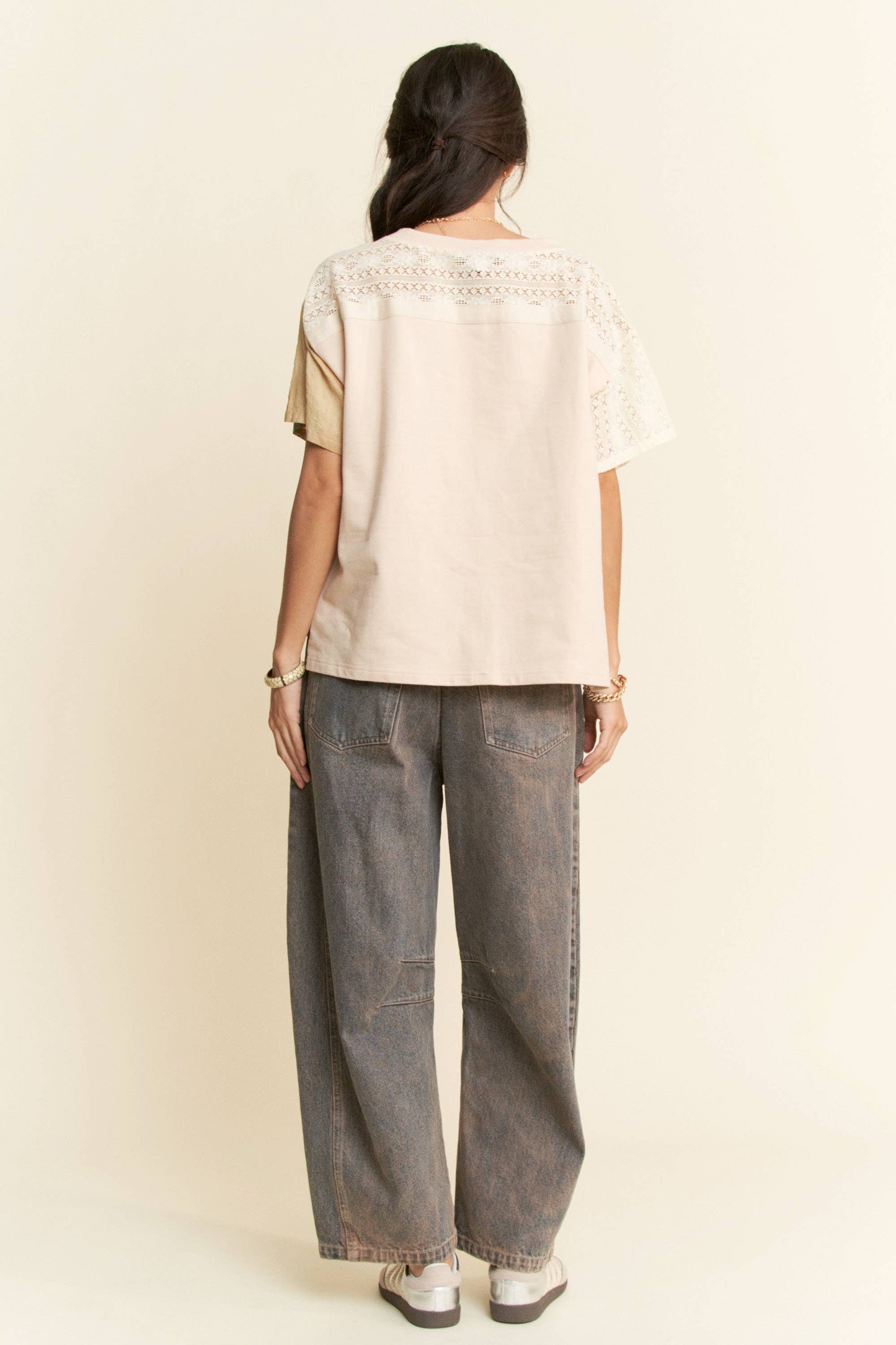 PLUS PATCH WORK MULTI BODICE SHORT SLEEVE TOP: NATURAL MULTI / 1XL