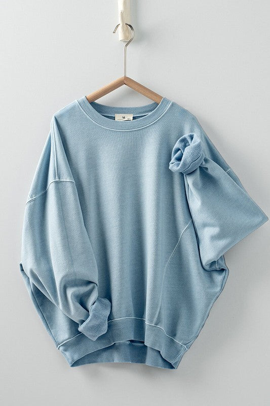Lazy Days Pigment Washed Sweatshirt Top - Light Blue