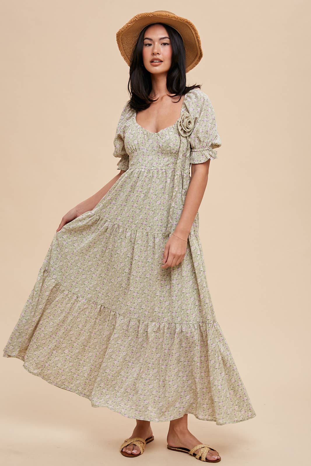 ROSETTE SWEETHEART NECK FLORAL TIERED DRESS: DAFFODIL CREME / L