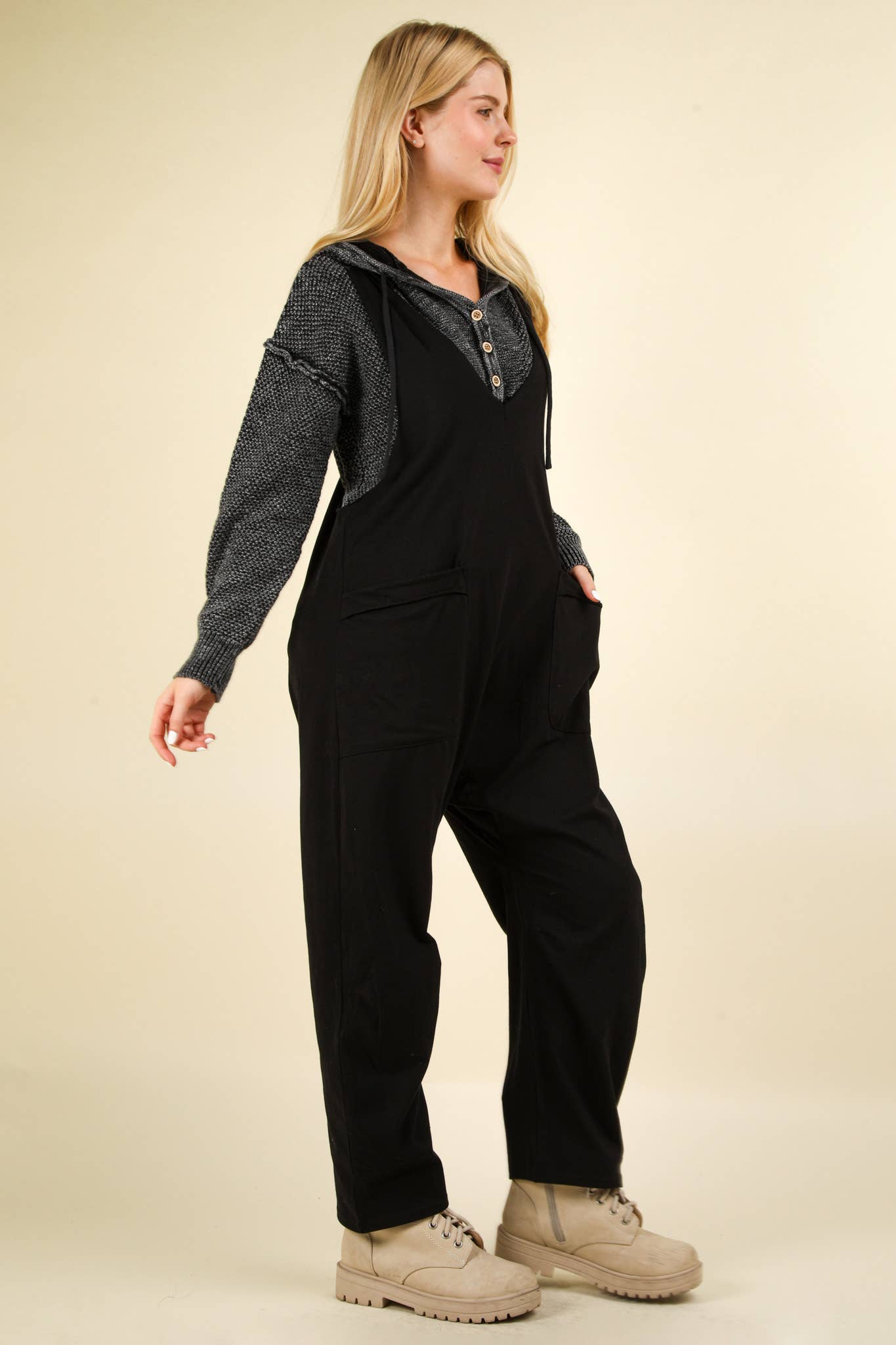 Casual Loose Fit Solid Knit Baggy Jumpsuit: CHARCOAL
