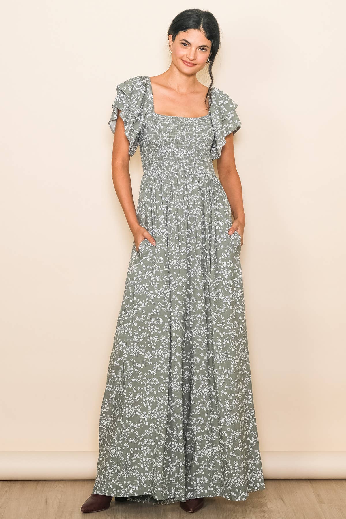 Flutter Sleeve Extra Wide Leg Jumpsuit: Sage / L