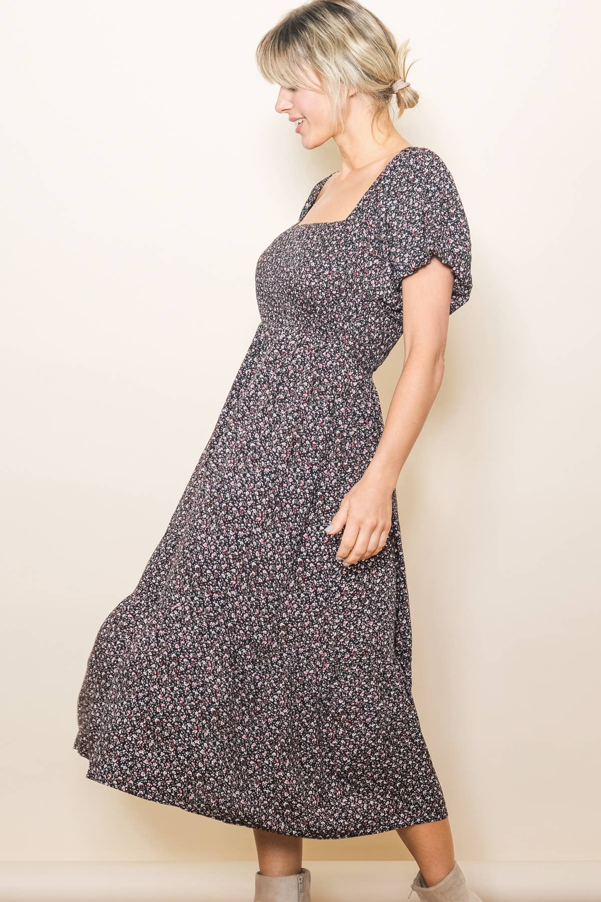 Vintage Tiny Floral Flattering Midi Dress: Cream / L