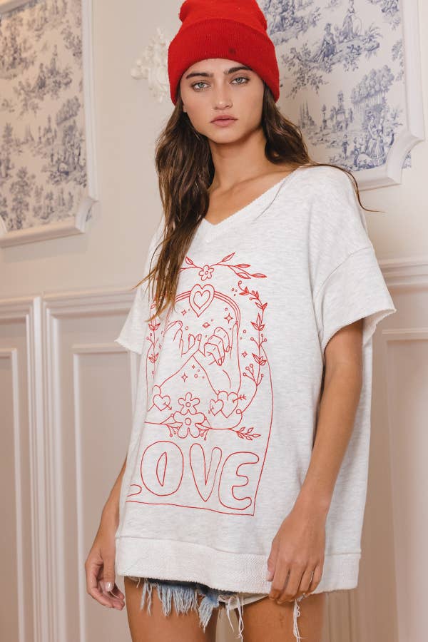 T1277-1 Love Graphic French Terry Loose Fit T-shirt: ASH GREY / S-M-L (2-2-2)