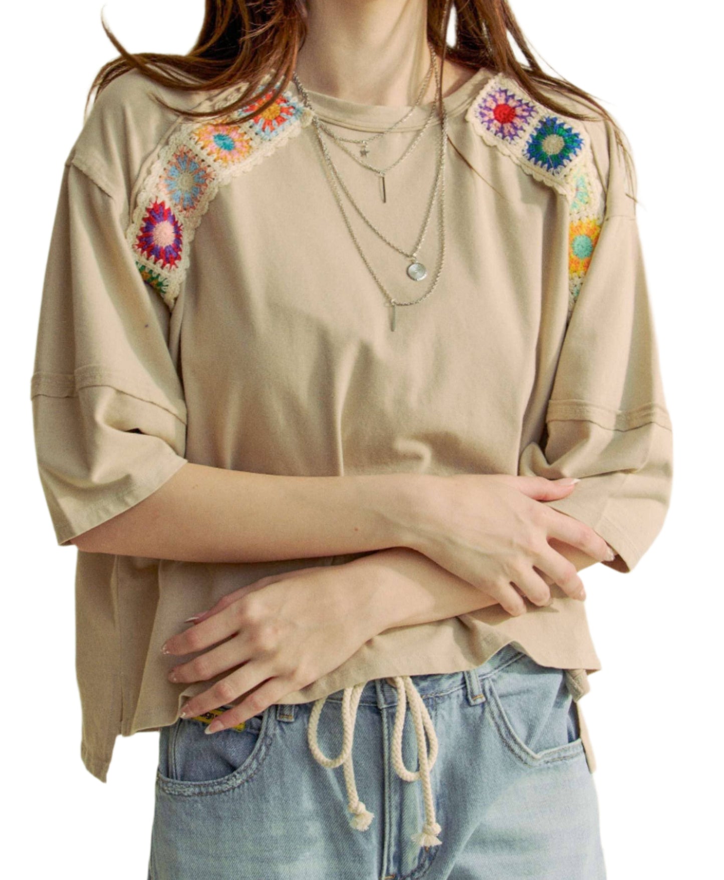 CROCHET DROP SHOULDER LOOSE FIT SHORT SLEEVE TOP: Khaki