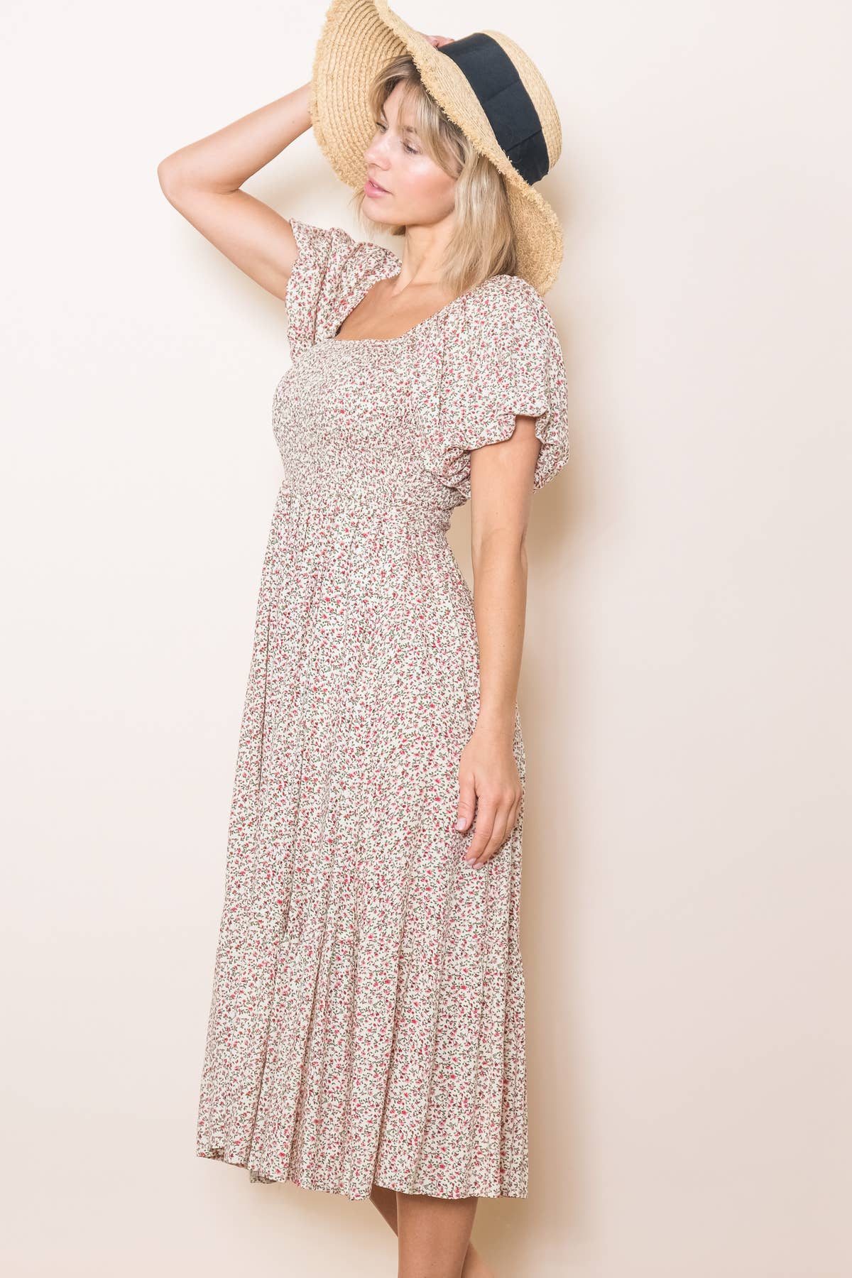 Vintage Tiny Floral Flattering Midi Dress: Cream / M