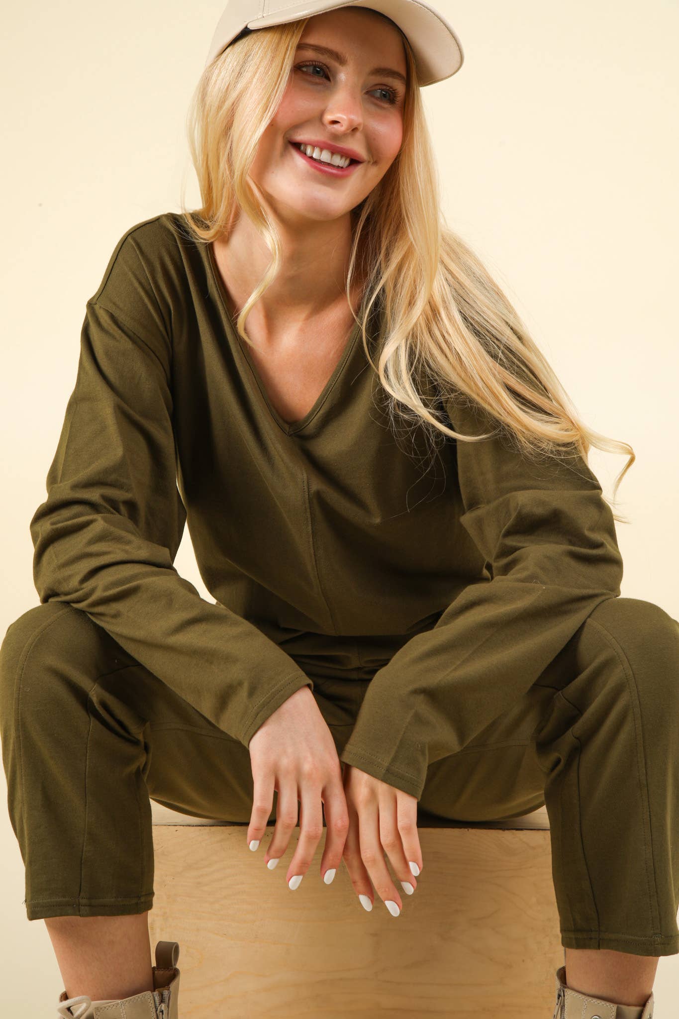 NP70679X-PLUS SIZE Solid Knit Baggy Comfy Jumpsuit: OLIVE / 1XL-2XL-3XL/3-2-1