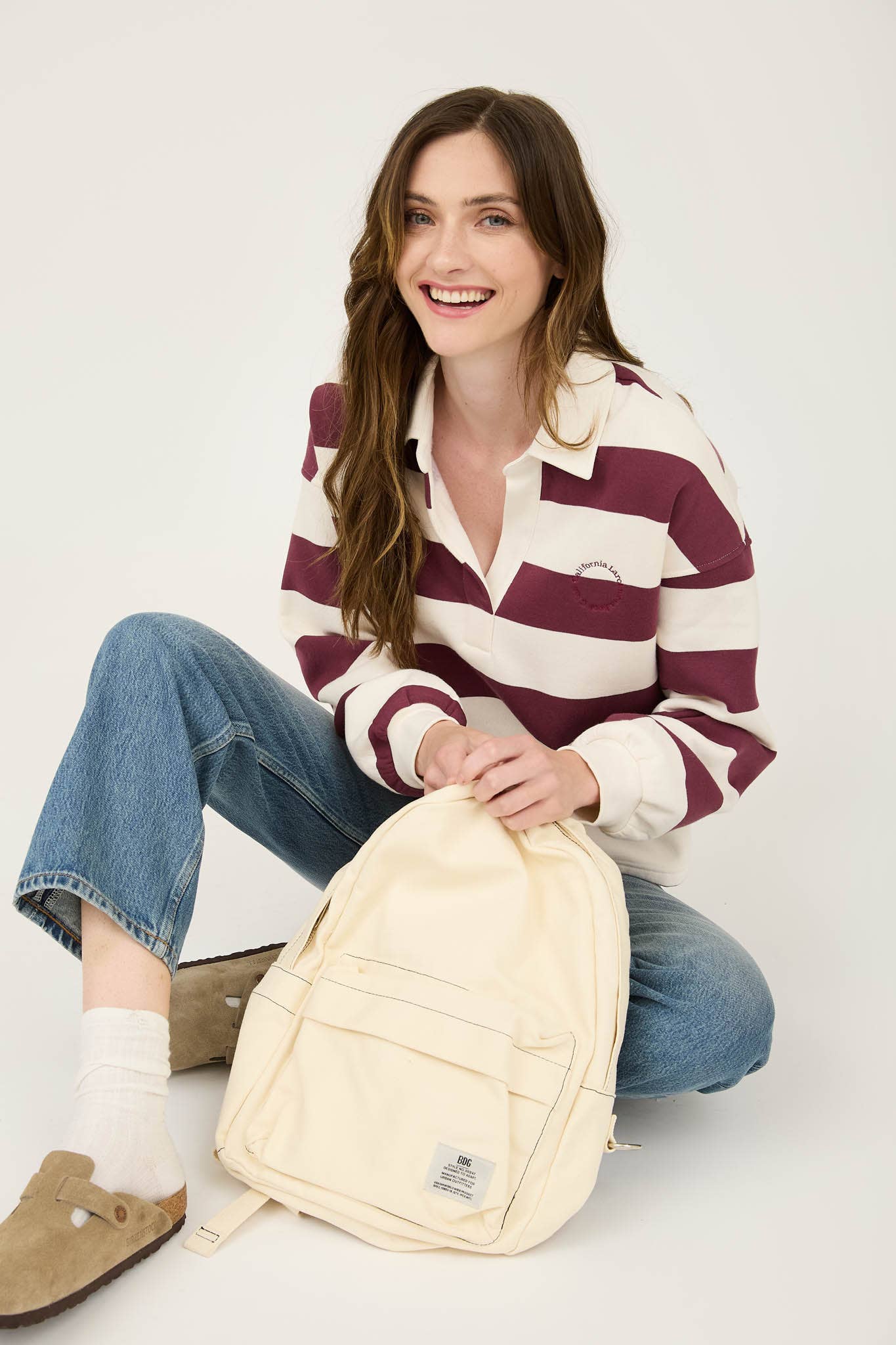 STRIPE COLLARED LONG SLEEVE POLO KNIT TOP: OXBLOOD
