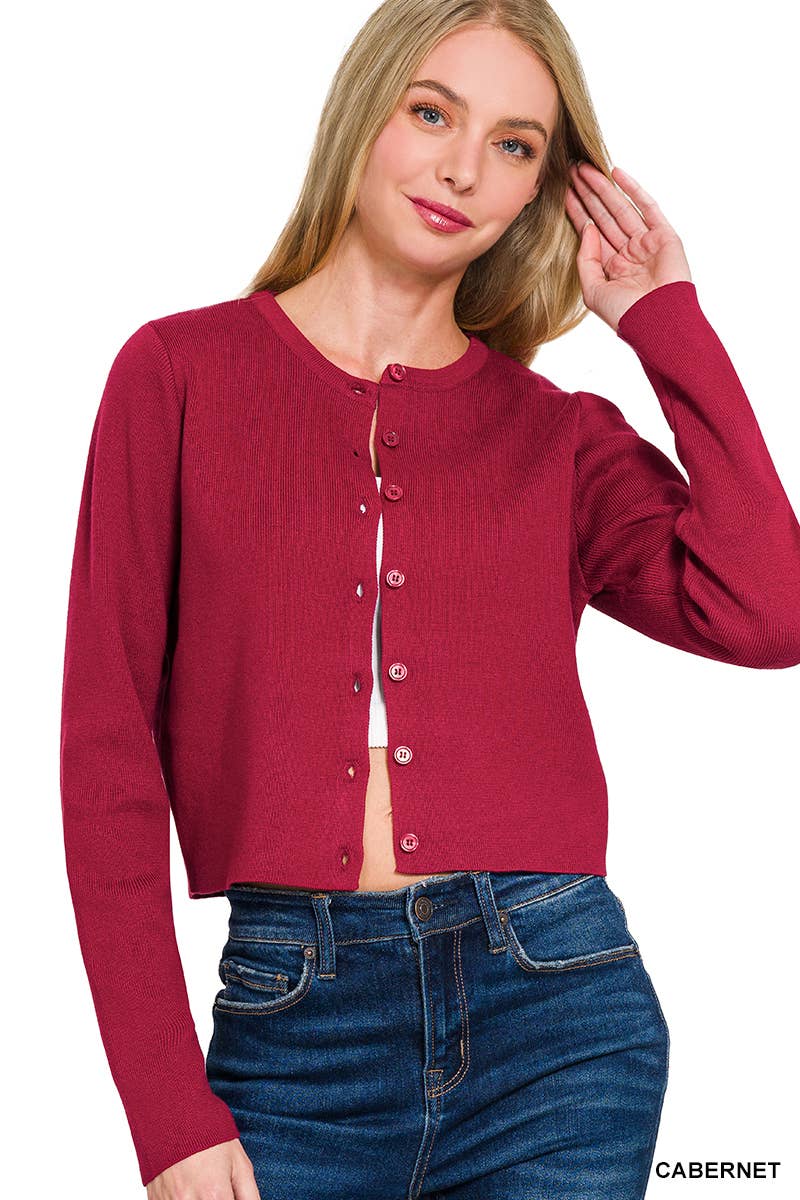 7 Button Crewneck Long Sleeve Cardigan: IVORY / 2-2-2 (S-M-L)