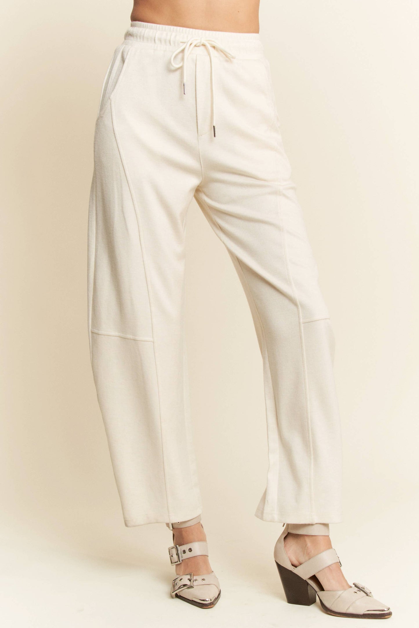 SOLID ELASTIC WAISTBAND POCKETS LONG BARREL PANTS: Khaki / S