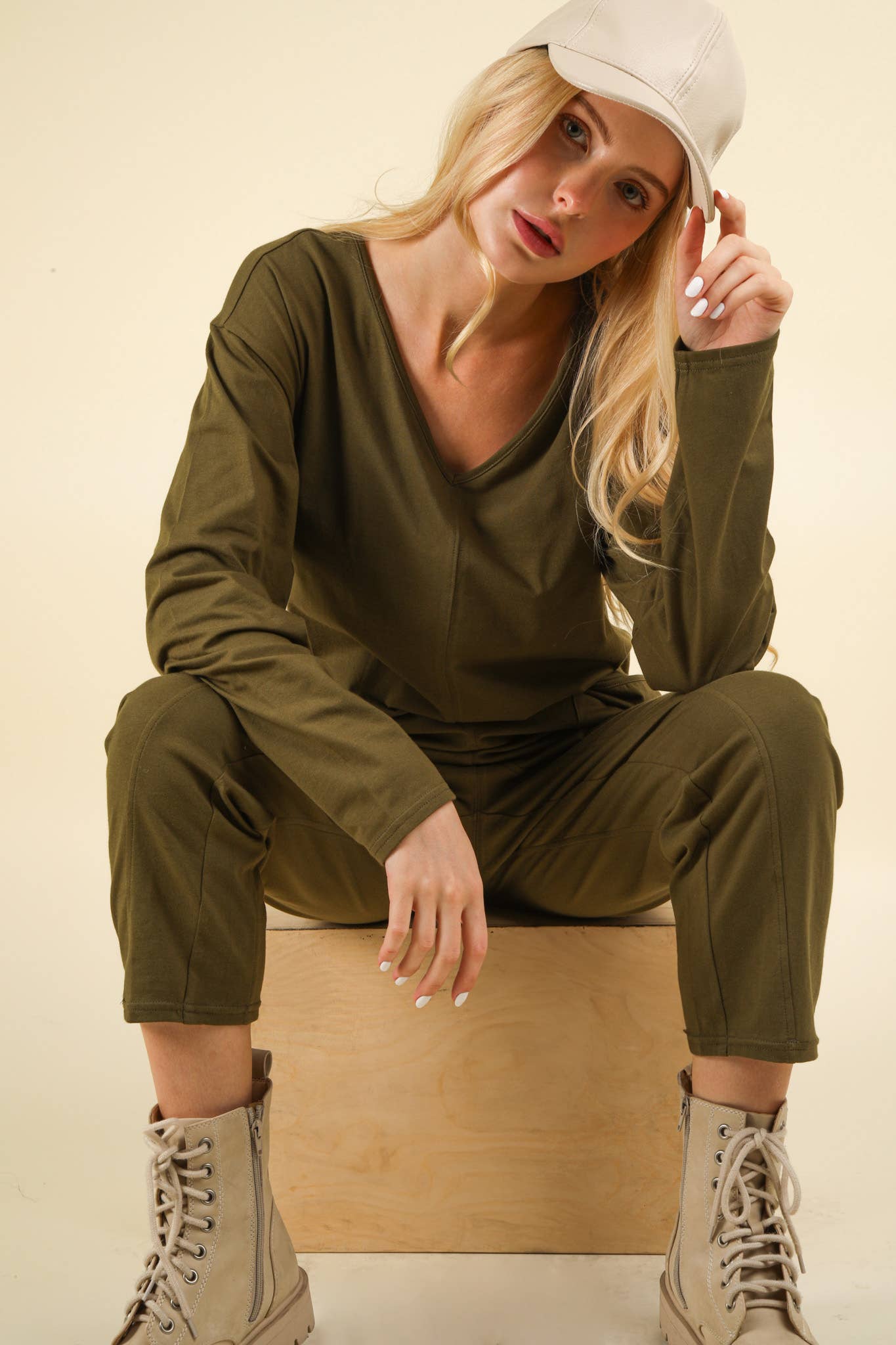 NP70679X-PLUS SIZE Solid Knit Baggy Comfy Jumpsuit: OLIVE / 1XL-2XL-3XL/3-2-1