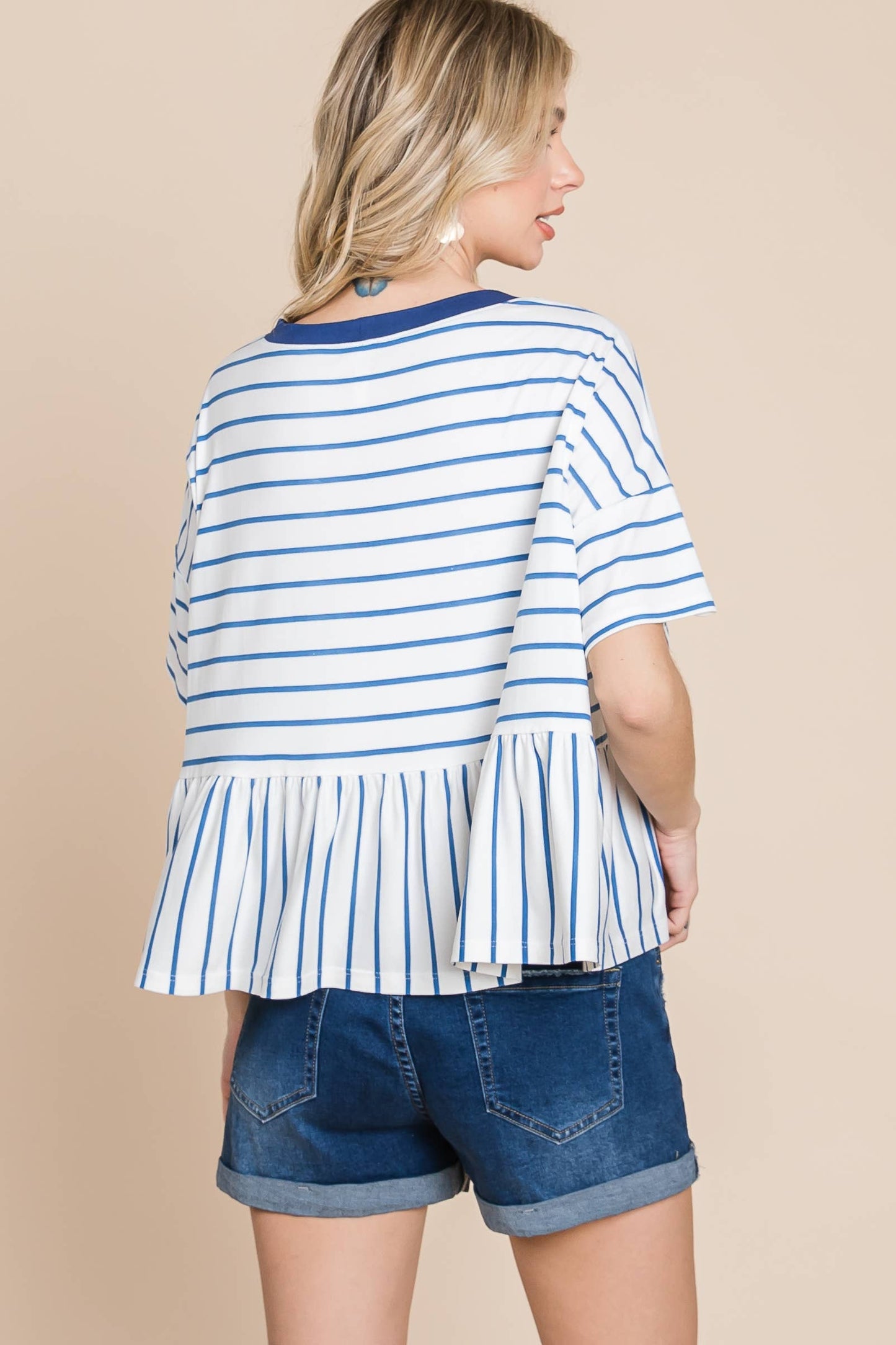 Plus Size Striped Babydoll Short Sleeve Top: Denim
