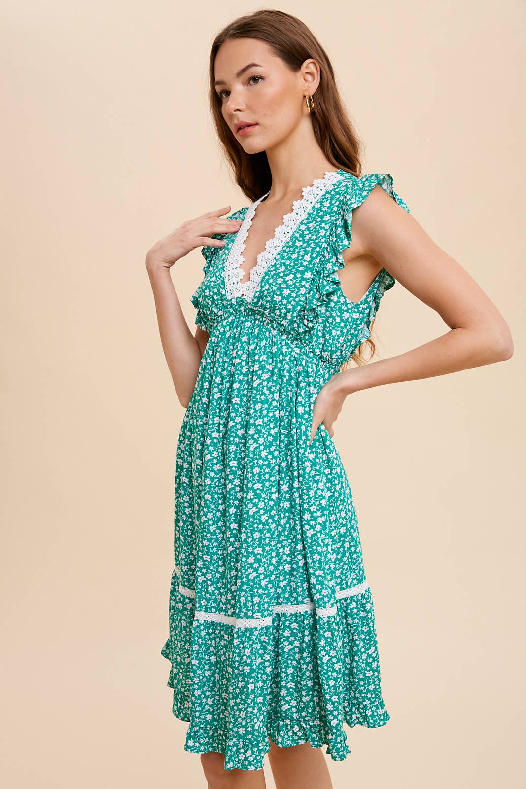 FLORAL RUFFLED LACE TRIM DRESS: CORNFLOWER / L