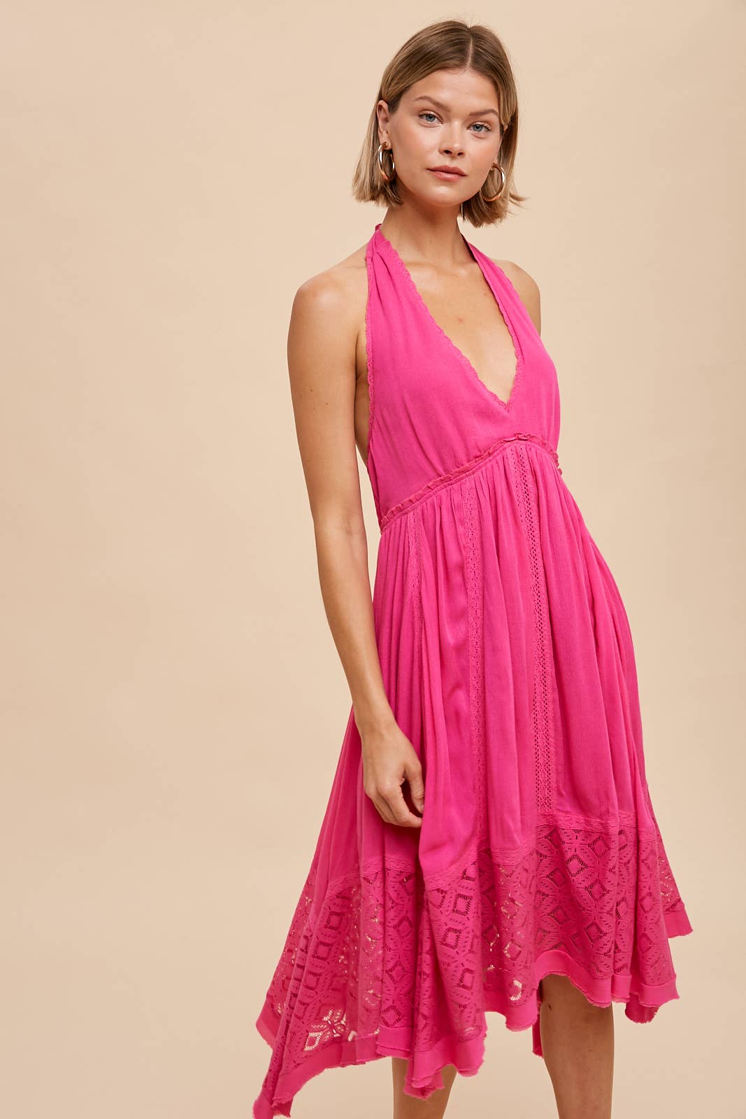 HALTER LACE TRIM MIDI DRESS: MORNING FOG / S