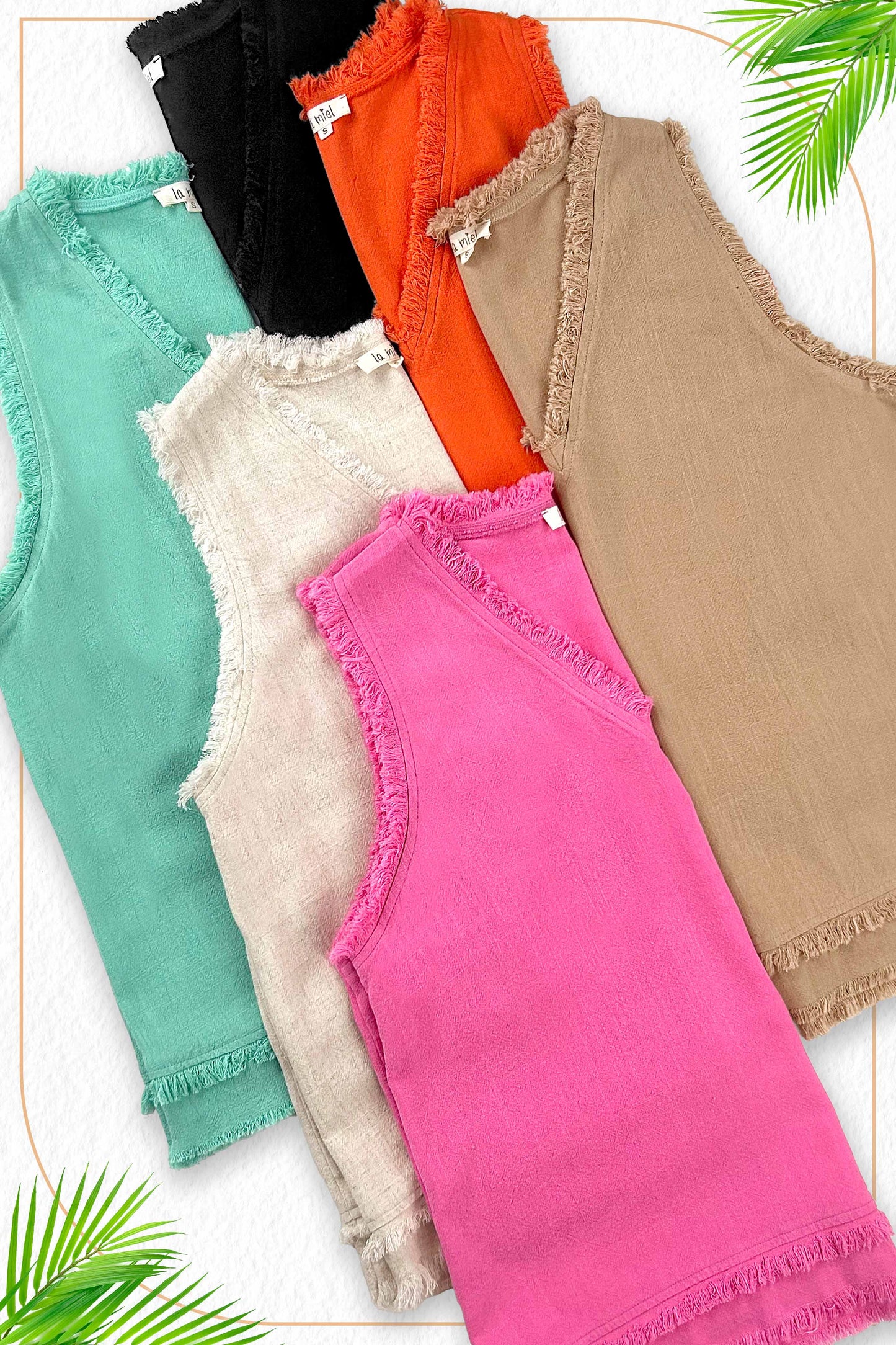 HBT7635-Soft Washed Gauze Cut Edge Sleeveless V-neck Top: Candy / L