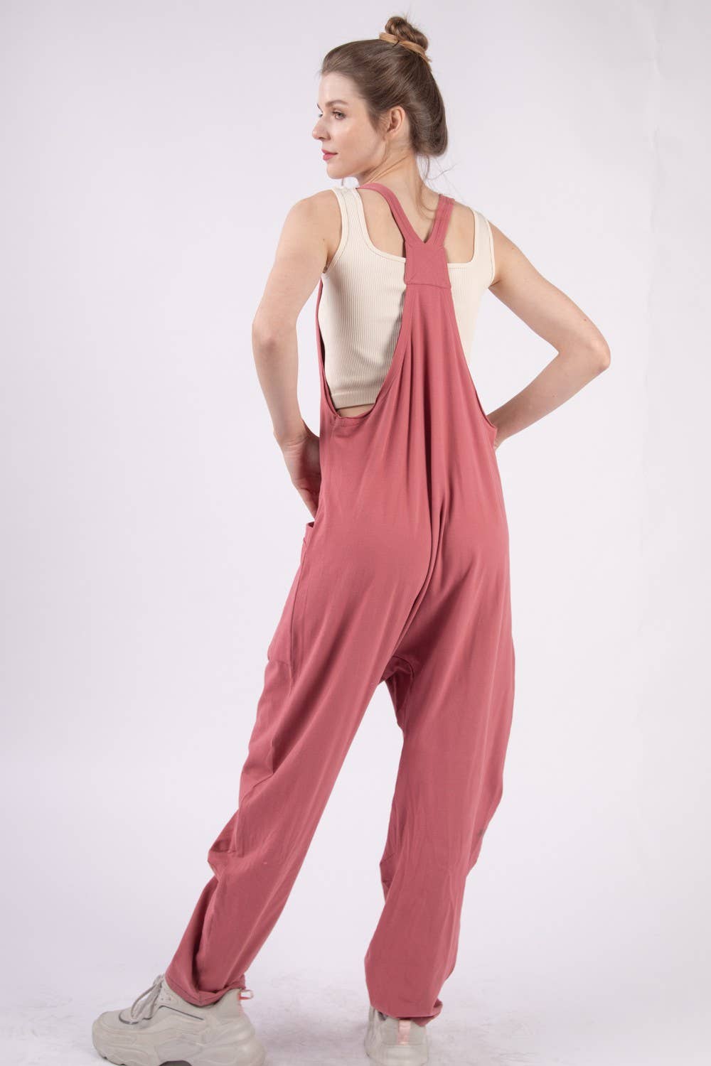 Casual Loose Fit Solid Knit Baggy Jumpsuit: BRICK