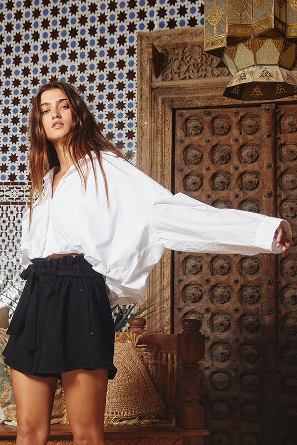 IT1772 Elastic Hem Solid Cropped Shirt: MINT / S-M-L (2-2-2)