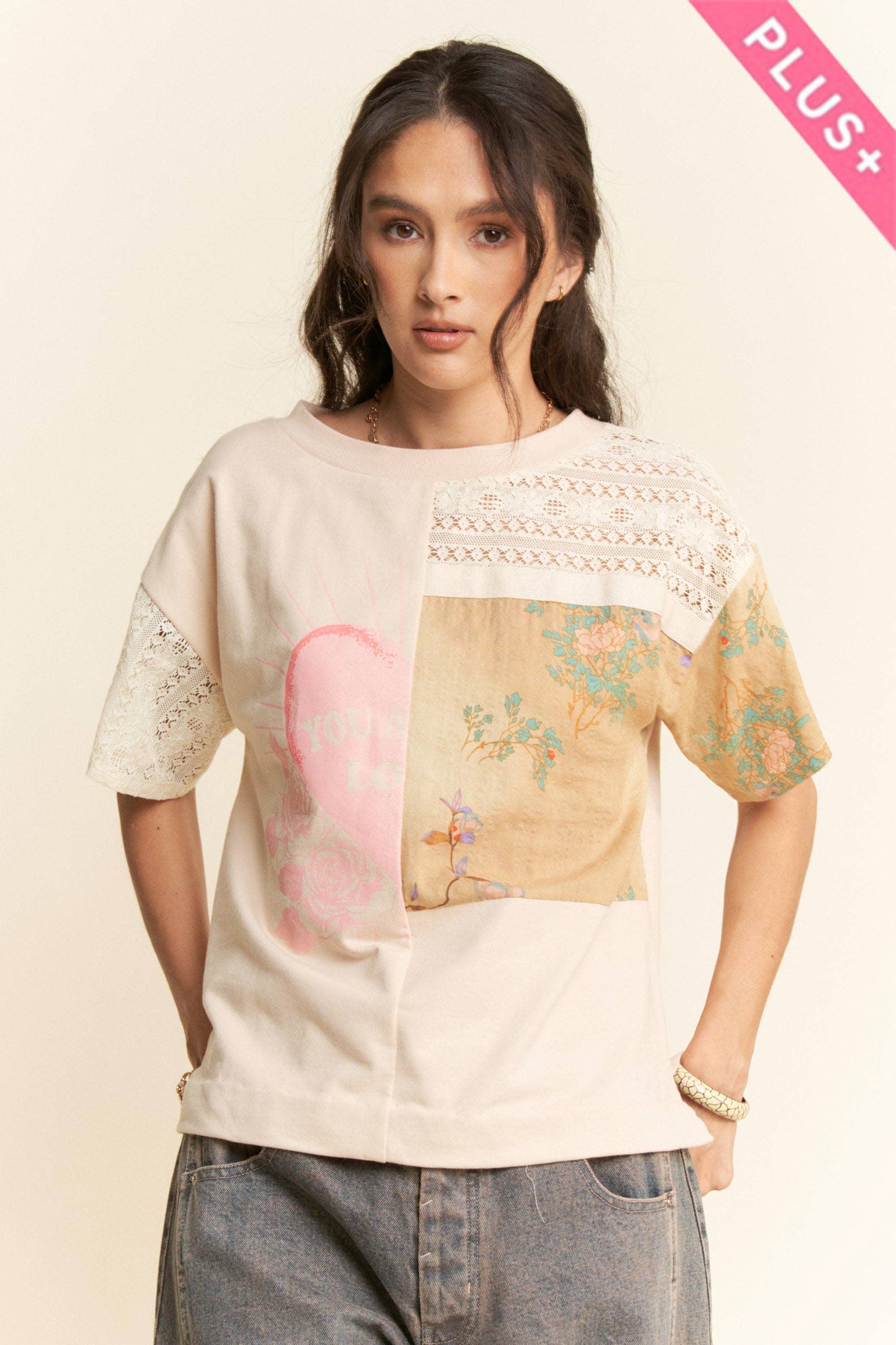 PLUS PATCH WORK MULTI BODICE SHORT SLEEVE TOP: NATURAL MULTI / 1XL