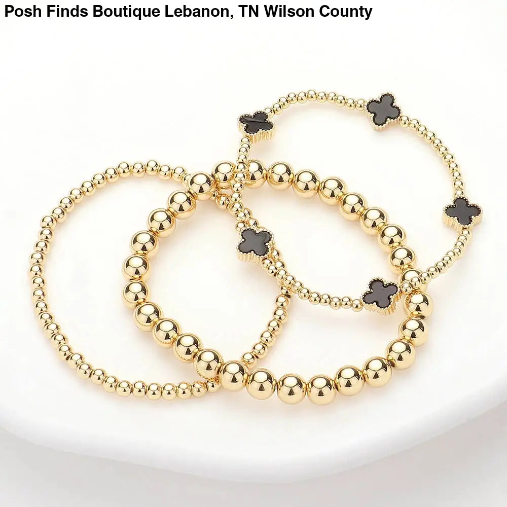 3PCS - Quatrefoil Station Metal Ball Beaded Multi Bracelets: Black - Posh Finds