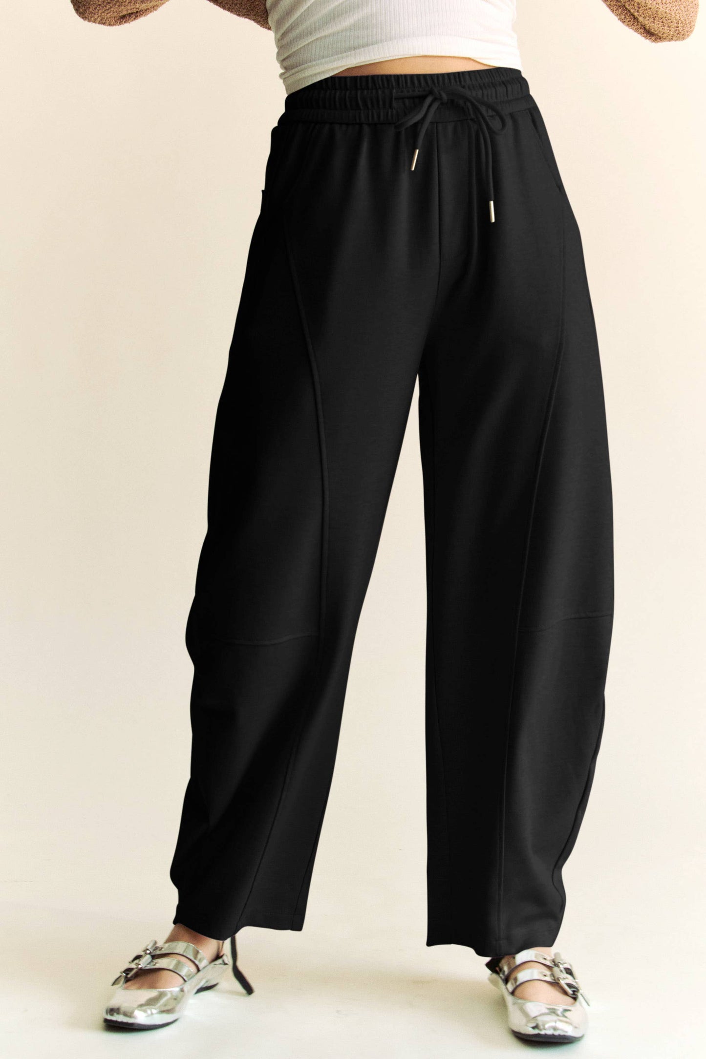 SOLID ELASTIC WAISTBAND POCKETS LONG BARREL PANTS: Khaki / S