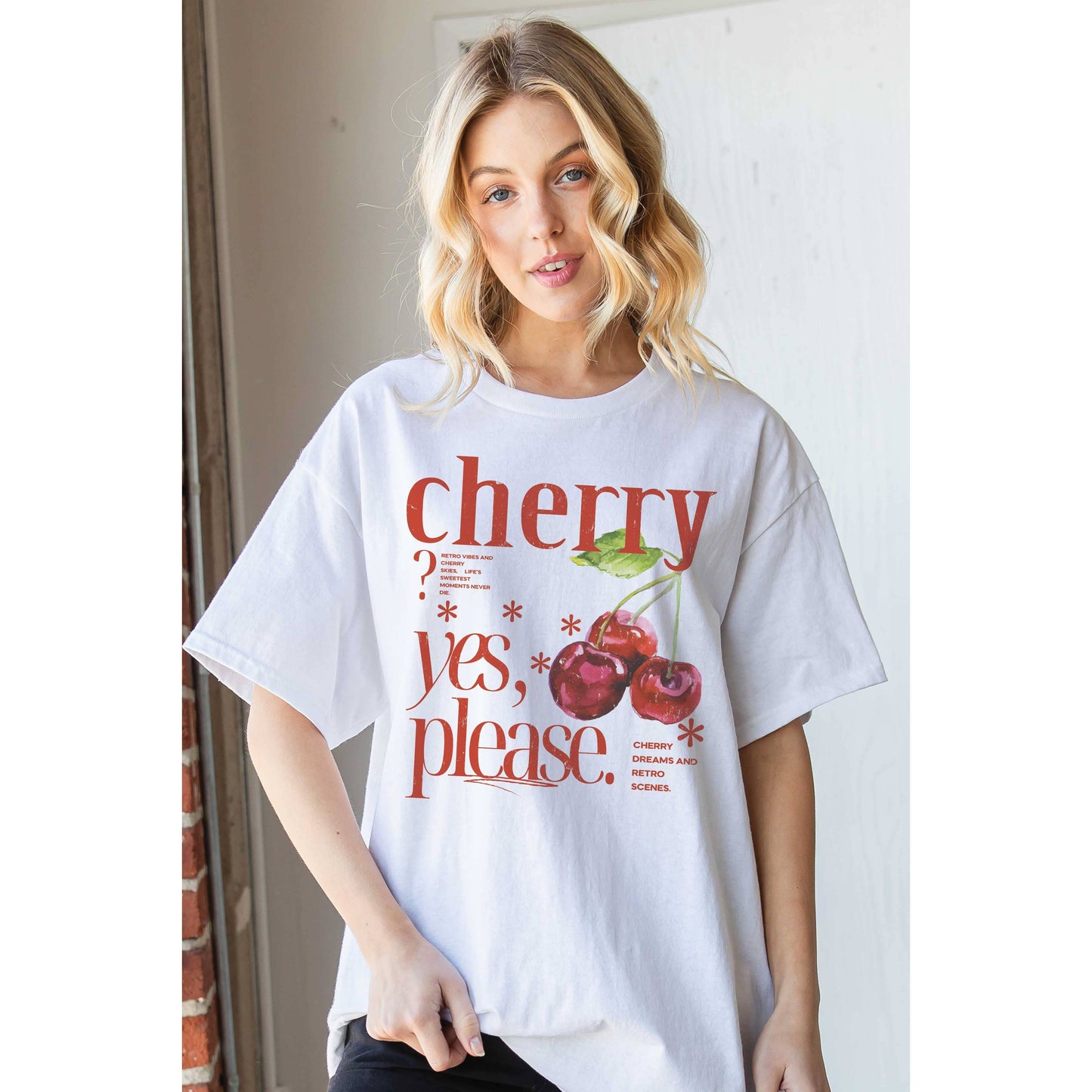 CHERRY? YES, PLEASE. Oversized Graphic Tee: WHITE / S/M
