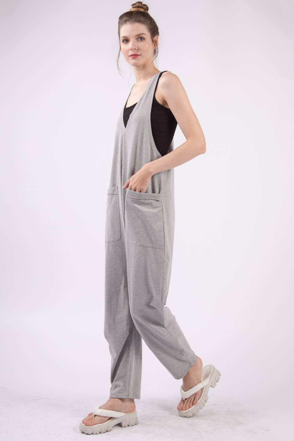 Casual Loose Fit Solid Knit Baggy Jumpsuit: CHARCOAL