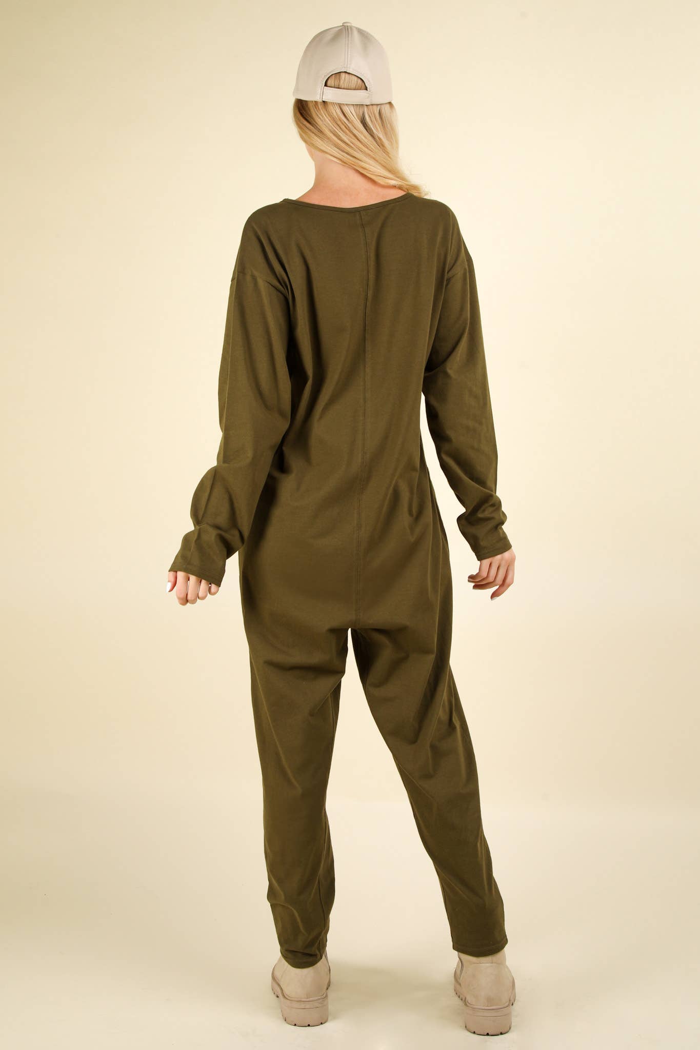 NP70679X-PLUS SIZE Solid Knit Baggy Comfy Jumpsuit: OLIVE / 1XL-2XL-3XL/3-2-1