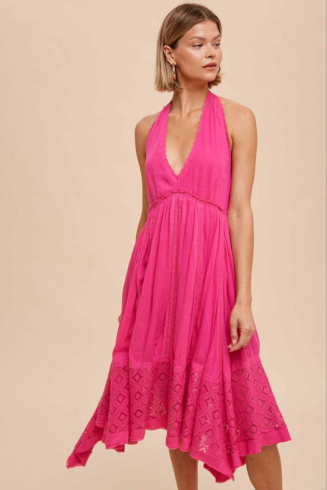 HALTER LACE TRIM MIDI DRESS: MORNING FOG / S