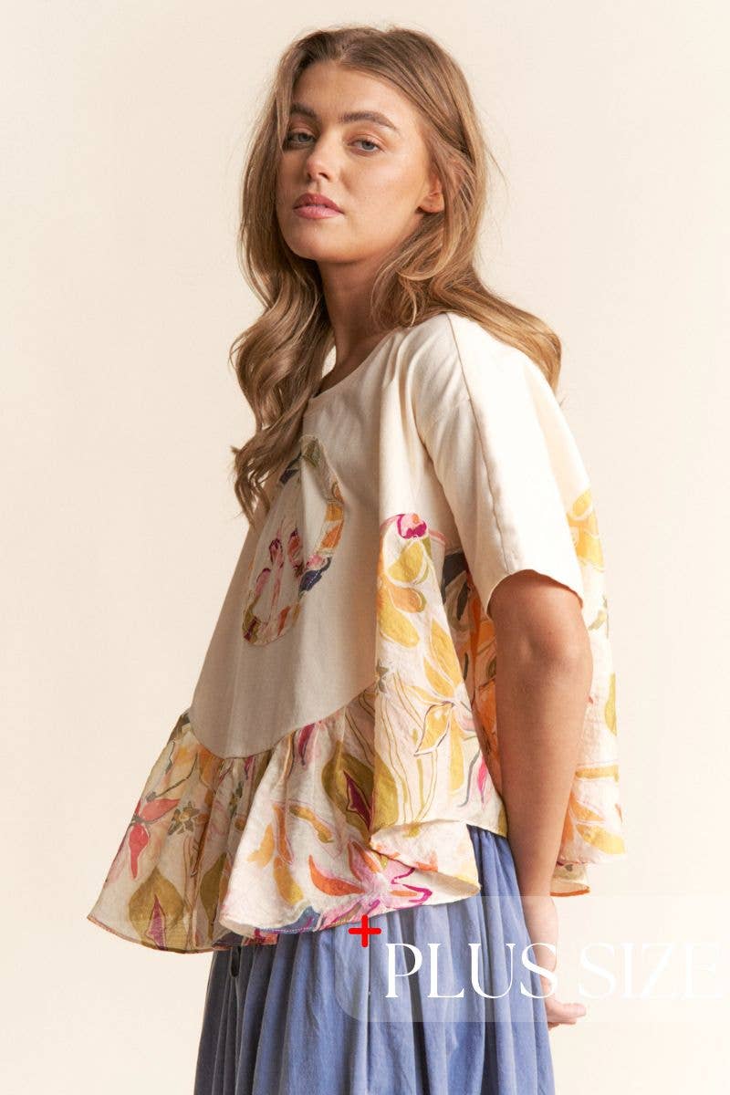 Floral Print PEACE Logo Flowy Top 1X-3X: Egg Shell / 1XL