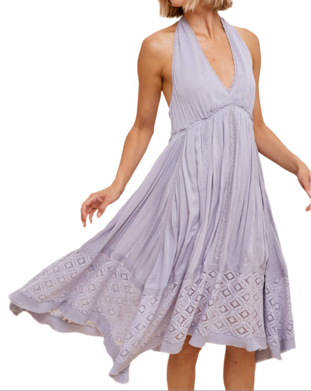 HALTER LACE TRIM MIDI DRESS: MORNING FOG