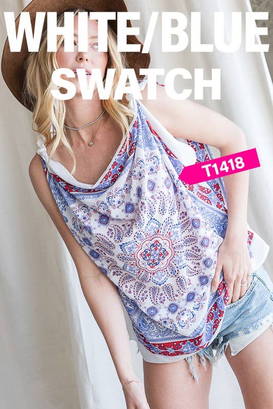 Sleeveless Scarf Print Top: WHITE/BLUE / ONE SIZE