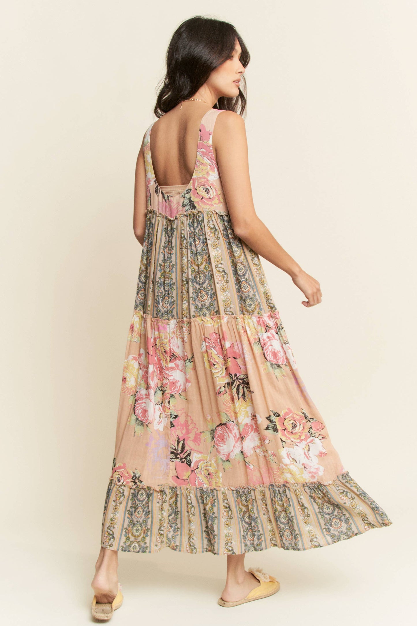 FLORAL BOHO STRIPE MIXED FULL SKIRT MIXI DRESS PINK BEIGE